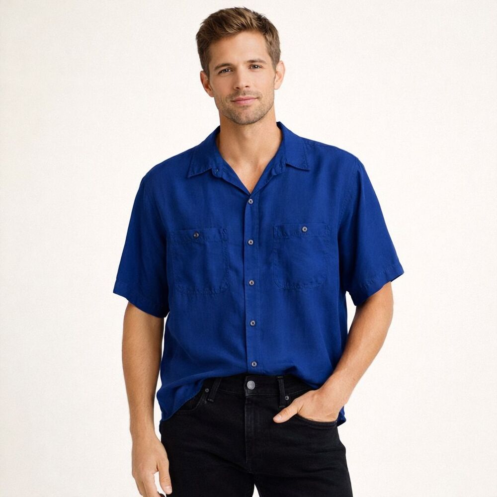90s Silk Button Up Shirt Mens Sz M Royal Blue Satiny Short Sleeve Quiet Luxury
